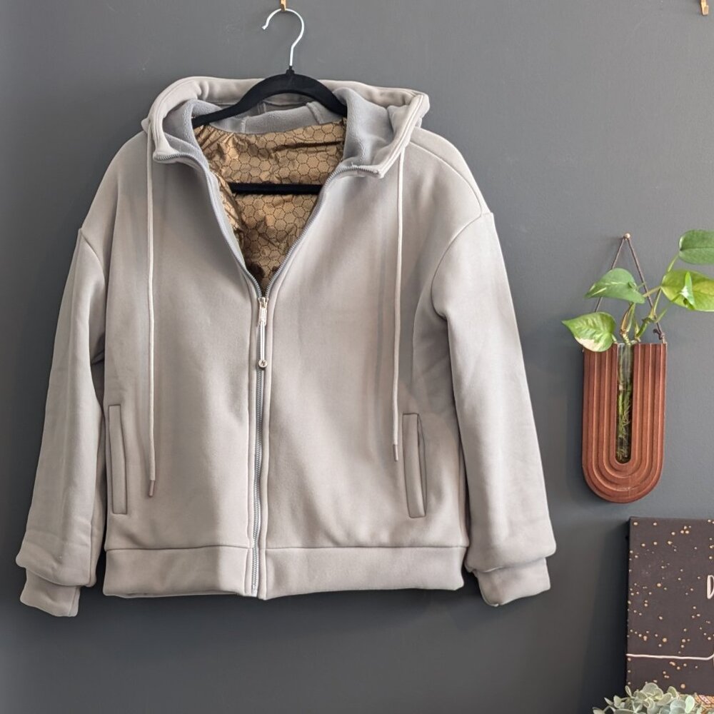 K-Style Oversized Scuba Zip-Up Hoodie - Gray with Gold Honeycomb Lining - Size M